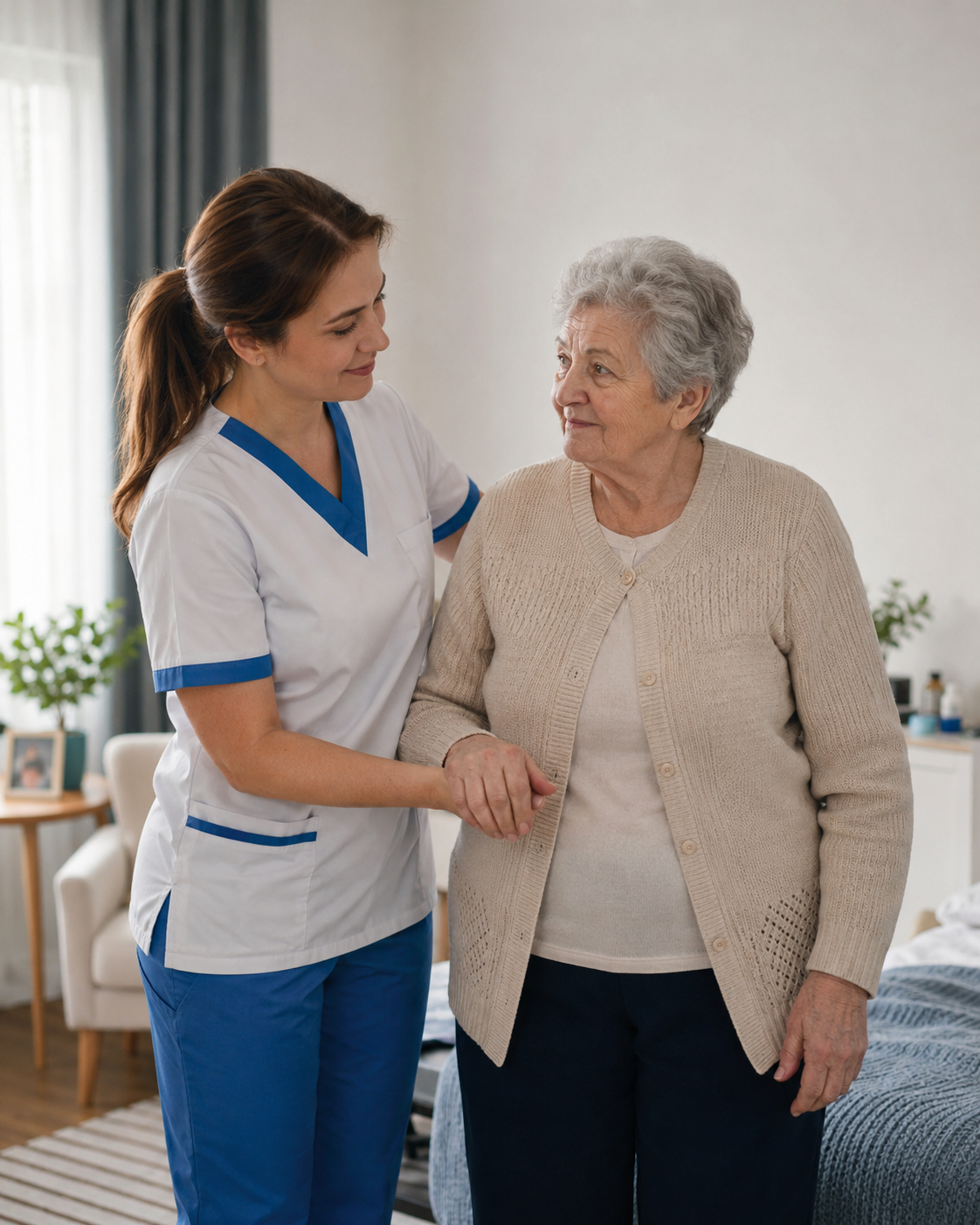 Asistent medical TIBES îngrijește un pacient vârstnic la domiciliu.