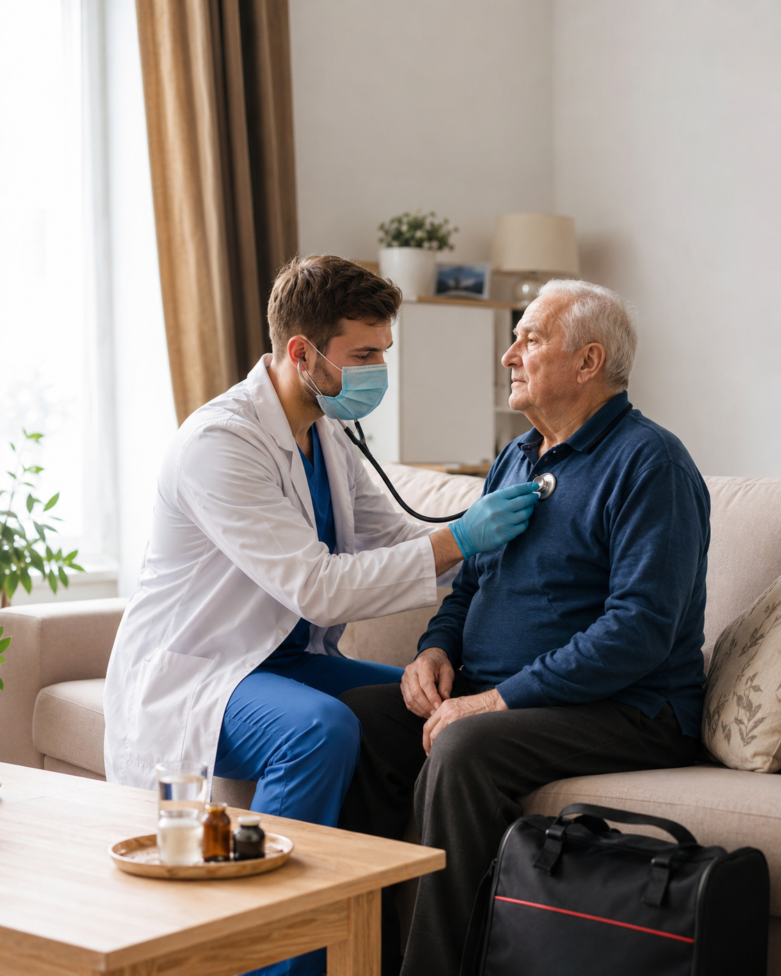 Medic TIBES, echipat corespunzător, consultă un pacient la domiciliu.