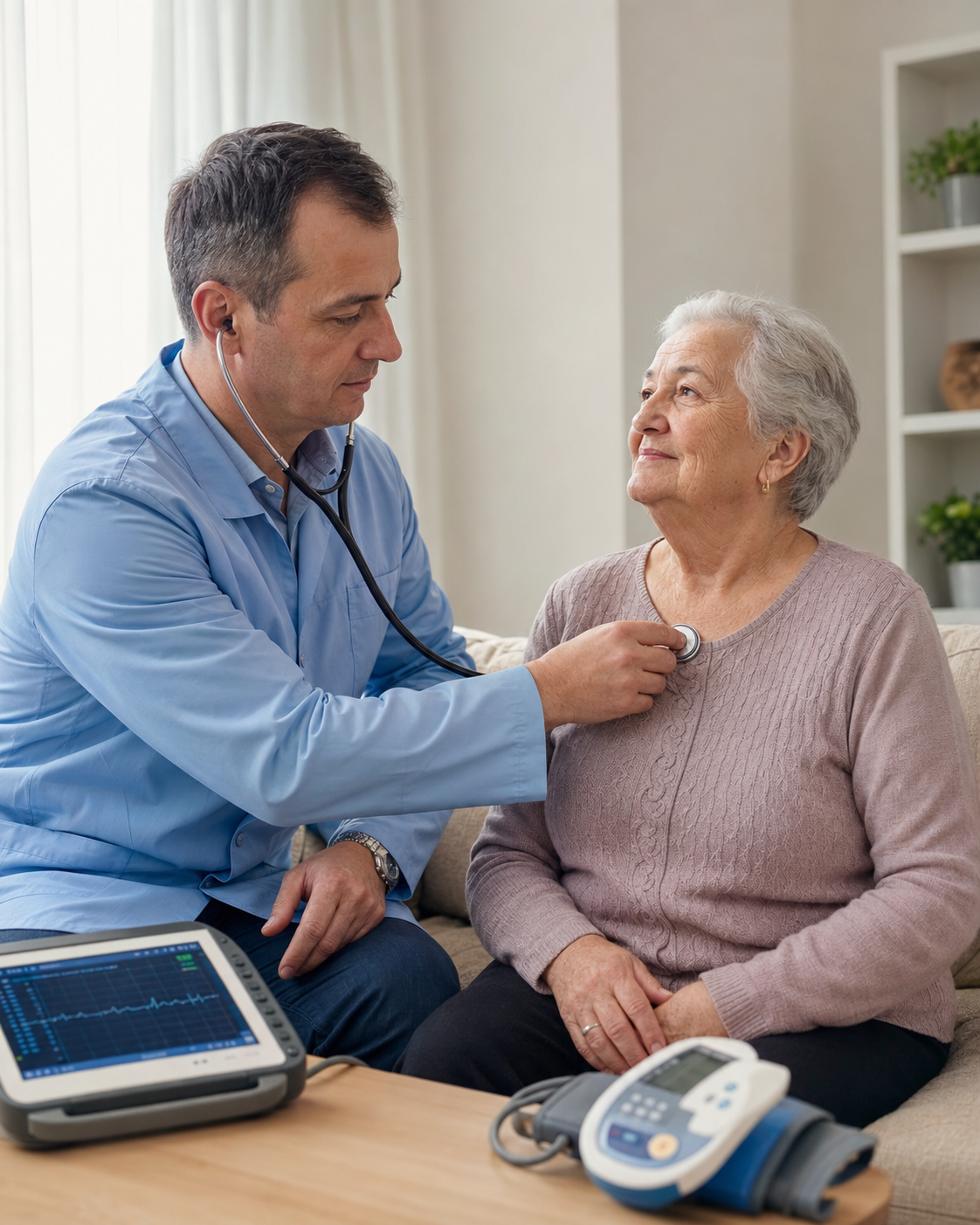 Cardiolog TIBES măsoară tensiunea arterială a unei paciente vârstnice la domiciliu, în Ilfov.