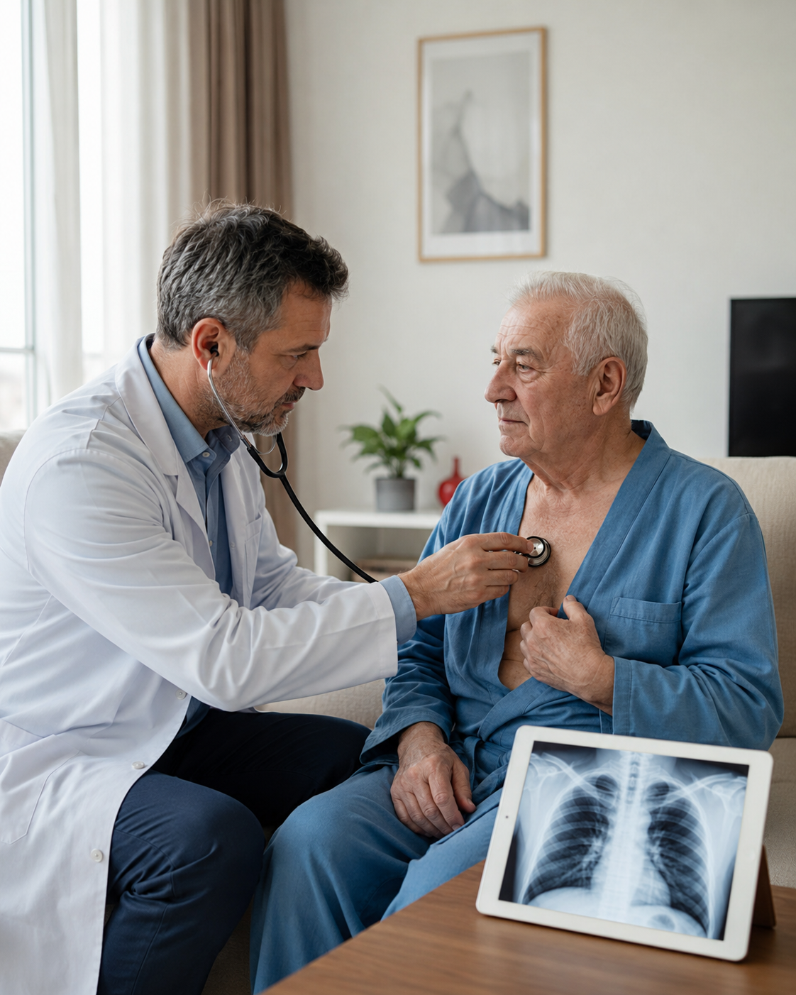 Chirurg toracic TIBES la o reevaluare postoperatorie, la domiciliul pacientului.