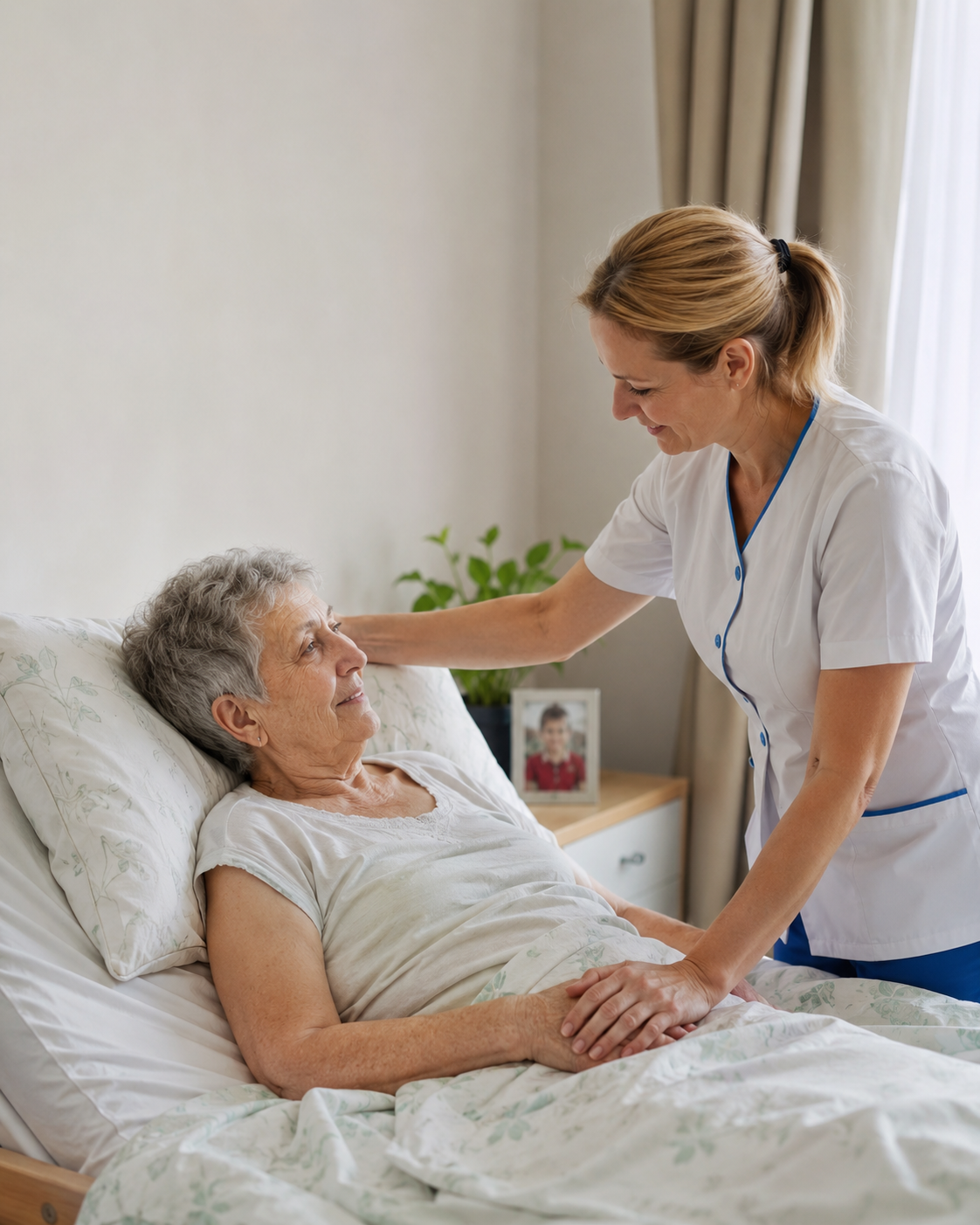 Asistent medical TIBES îngrijește un pacient vârstnic imobilizat la domiciliu.