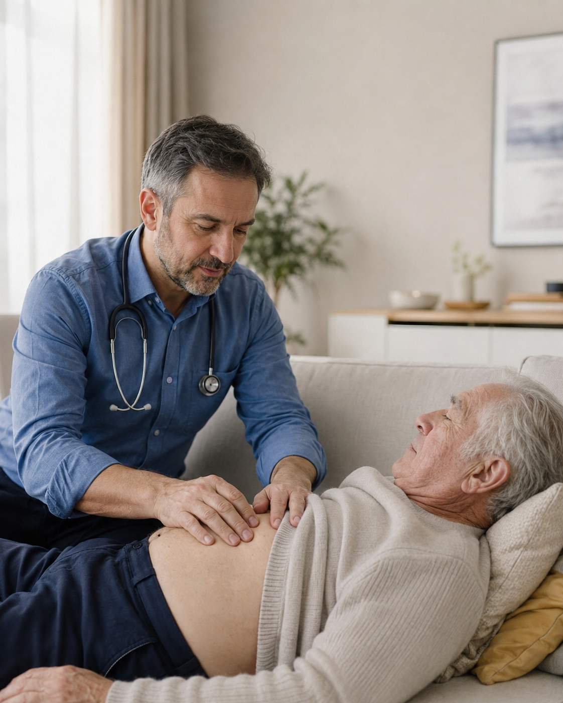 Gastroenterolog TIBES consultă un pacient vârstnic la domiciliu.