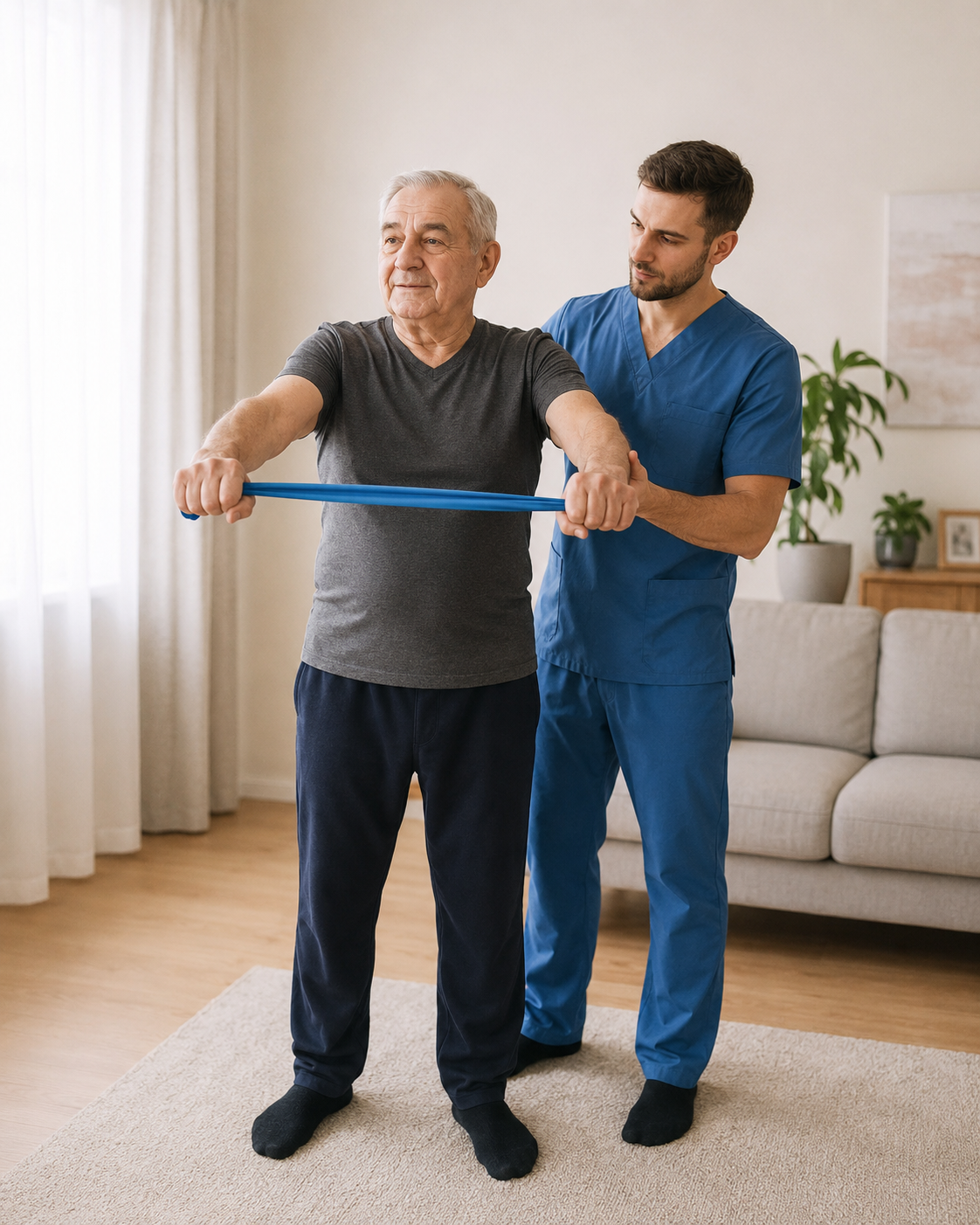 Kinetoterapeut TIBES ghidează un pacient vârstnic în exerciții la domiciliu.