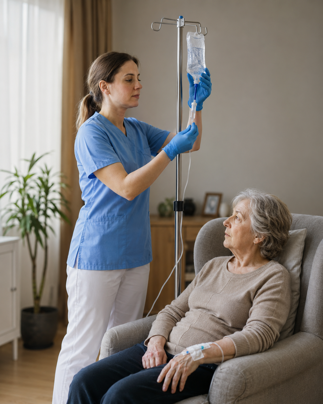 Asistent medical TIBES administrează o perfuzie la domiciliu.