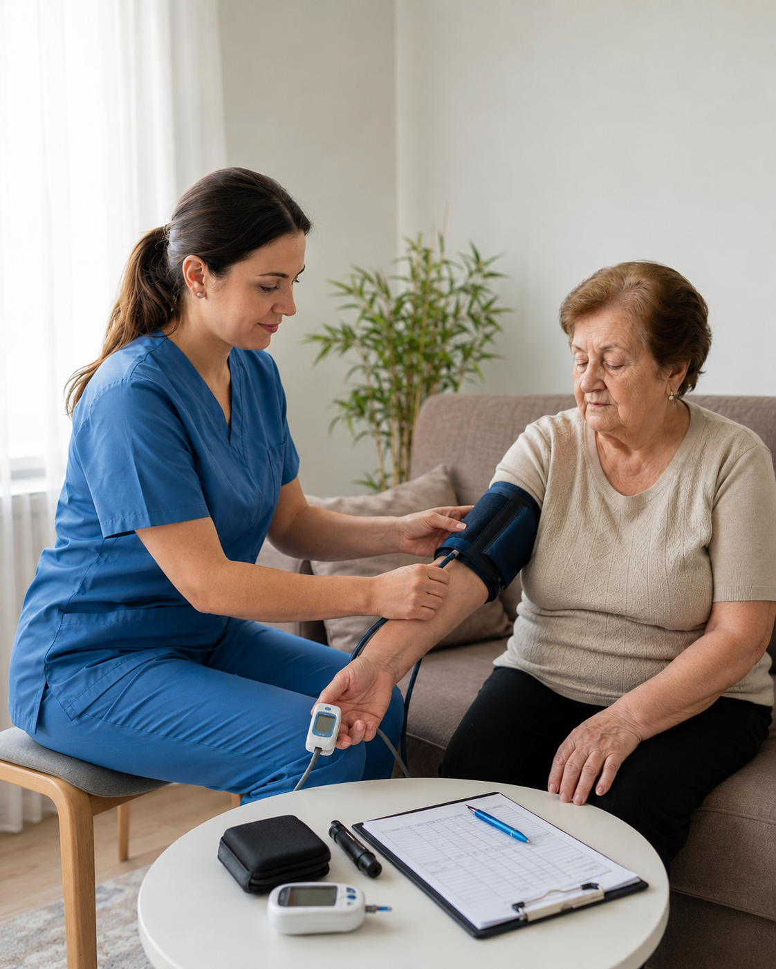 Asistent medical TIBES monitorizează parametrii unui pacient vârstnic la domiciliu.