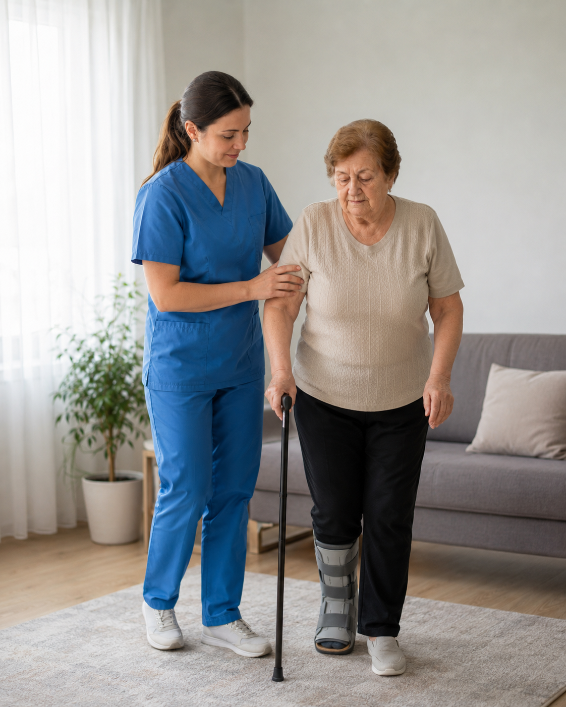 Specialist TIBES asistă recuperarea ortopedică a unui pacient la domiciliu.