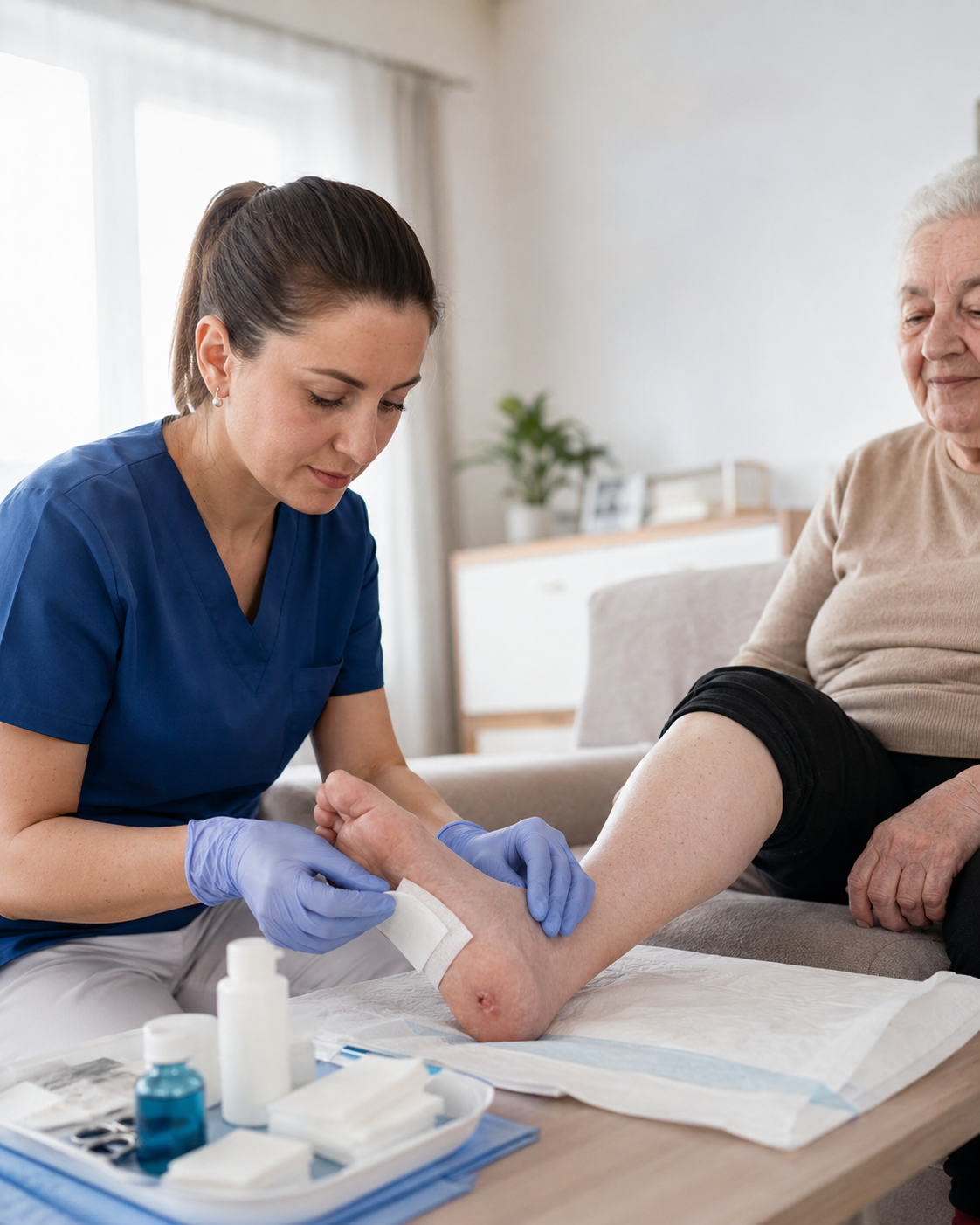 Asistent medical TIBES schimbă un pansament la domiciliu.