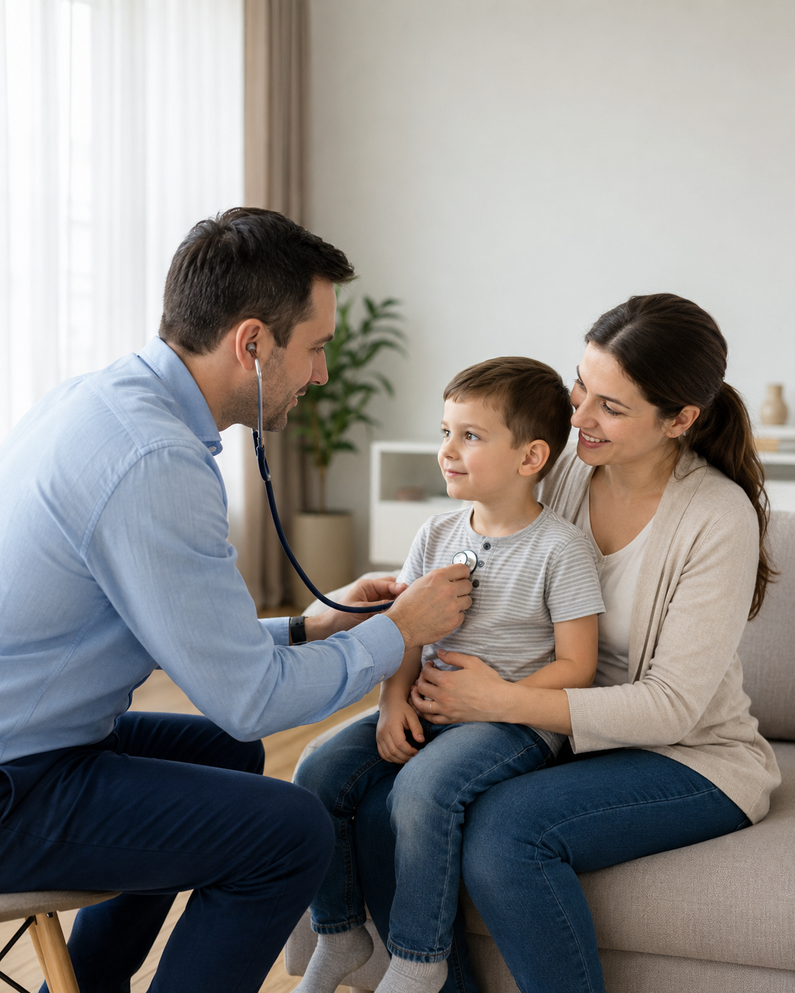 Pediatru TIBES consultă un copil la domiciliu, alături de mama acestuia.