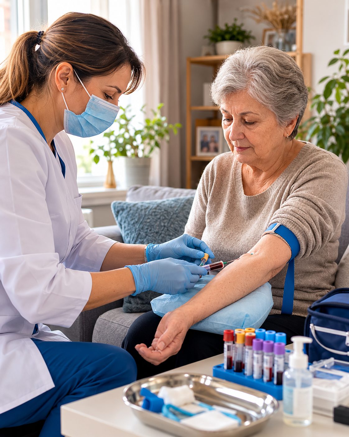 Asistent medical TIBES recoltează analize la domiciliu.